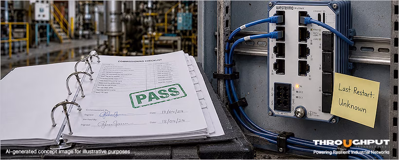 Commissioning report showing PASS stamp with handwritten note about missing restart testing