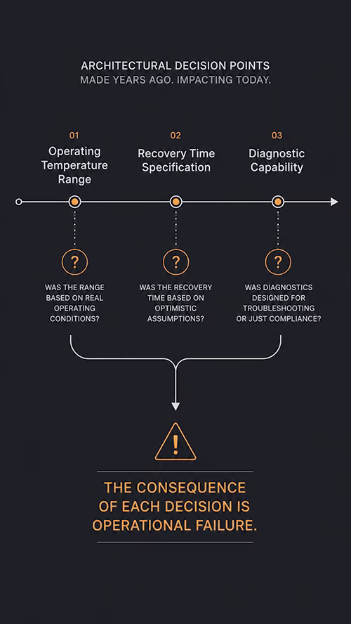 Diagram showing three decision points: operating temperature range, recovery time specification, and diagnostic capability